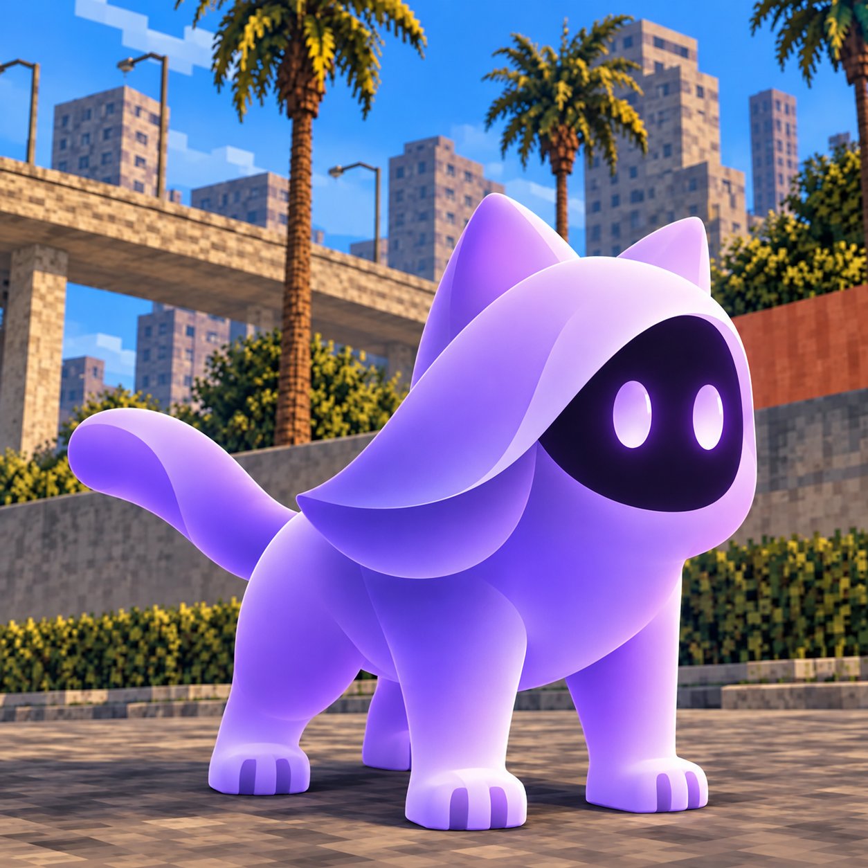 VEILCAPE — translucent hooded purple cat in a voxel city